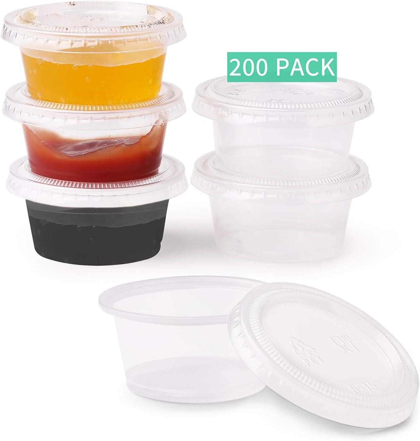FULING [200Pack-2oz Small Plastic Containers with Lids, Jello Shot Cups,  Condiment Cups for Meal Prep, Portion Control, Salad Dressing Slime Medicine