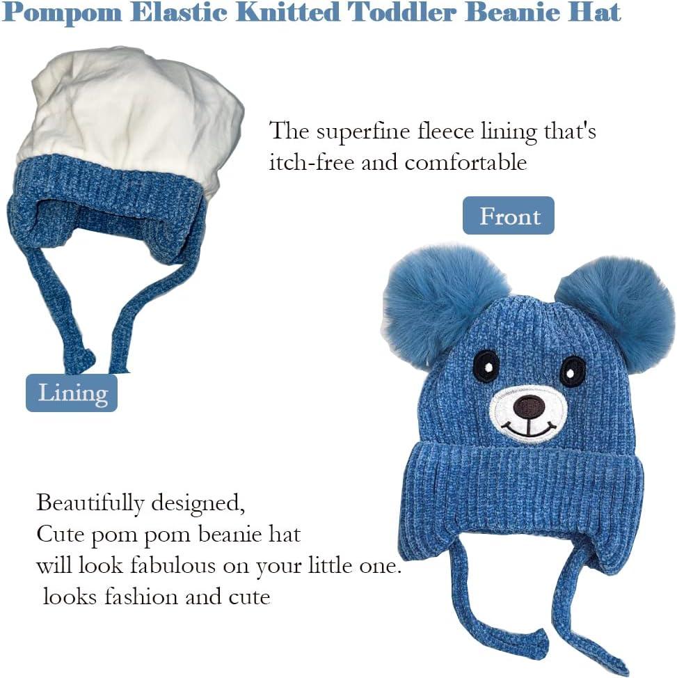 Cute Bear Kids Winter Hat with Ear Flaps 1-5 Years Dual Pom-Pom