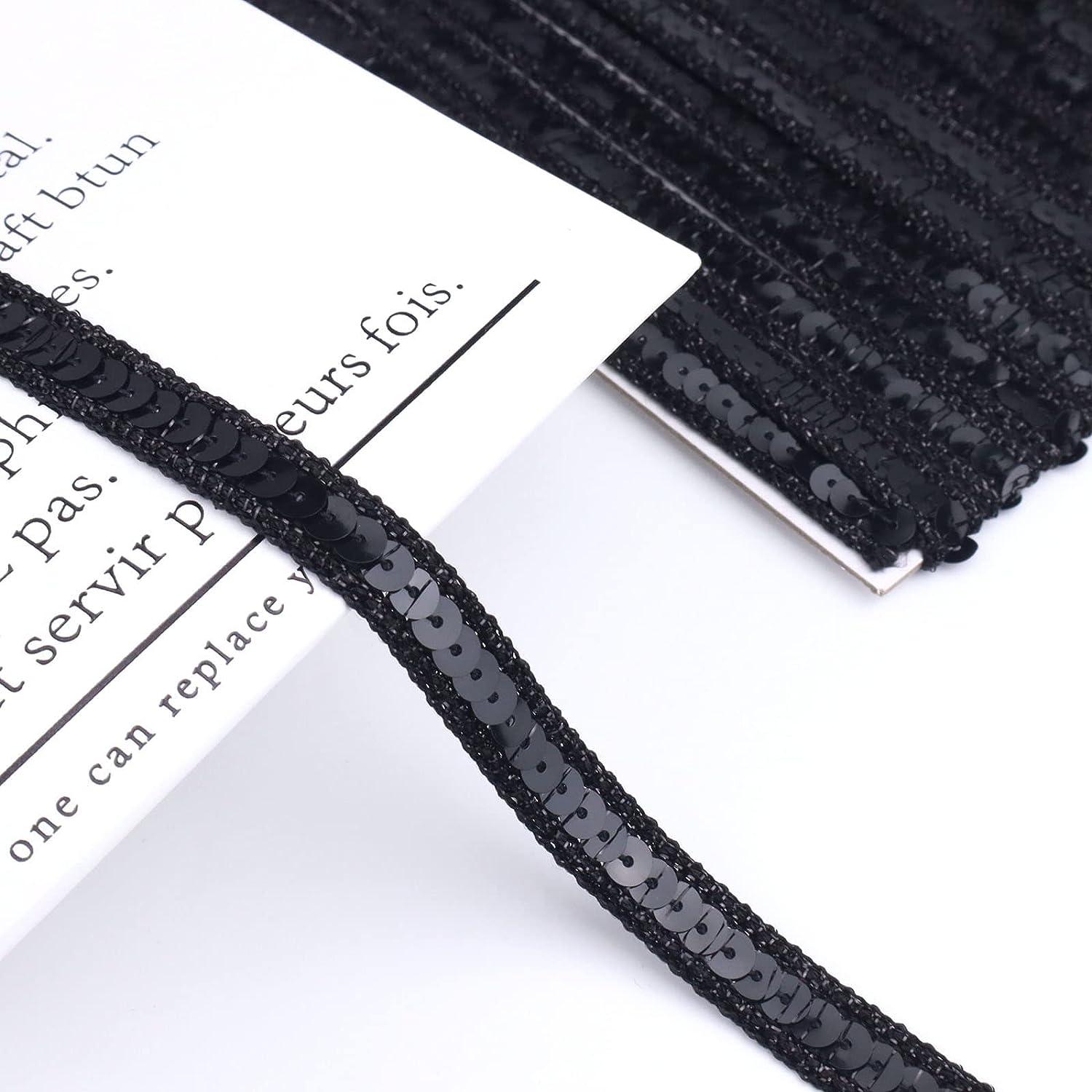 CRASPIRE 5.5 Yards Sequin Trim Elastic Sequin Ribbon Flat Sequins Paillette  Lace Trim 3 Inch Wide Black Metallic Stretch Trim Bling Fabric Paillette  Trim for Dress Headband Sewing Crafts