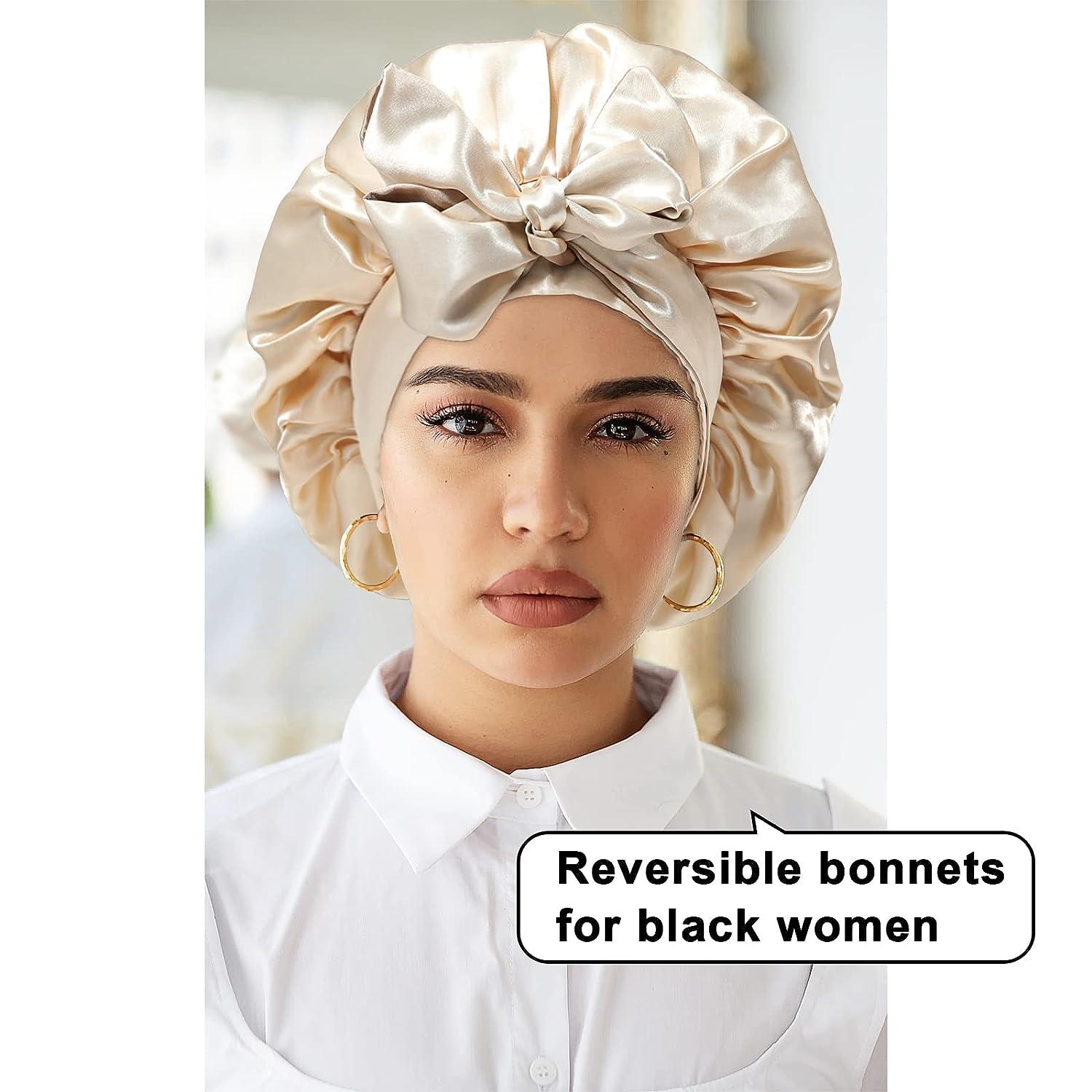 Satin Silk Hair Bonnet for Sleeping Large Bonnets with Tie Band Hair Wrap  with Adjustable Straps Hair Cap Night Sleep Caps for Women Curly Braid Hair