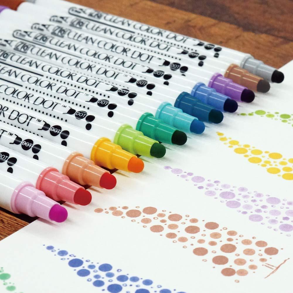  Kuretake ZIG Clean Color DOT markers, 12 colors set, Dual tip,  for Bullet Journals, Crafts, Illustration, Lettering 0.5mm fine tip on one  end and a Flexible dot tip, AP-Certified, Made in