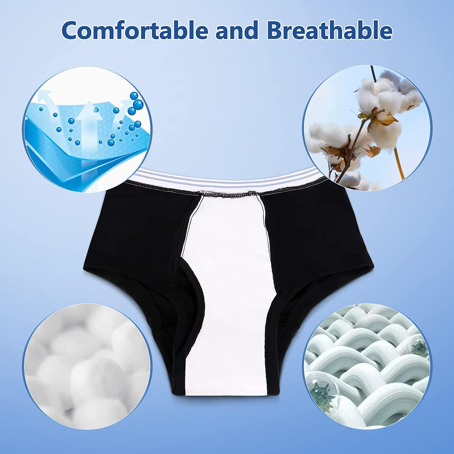 Mens Incontinence Briefs 3-Packs Men's Urinary Incontinence Underwear  Cotton Washable Reusable Incontinence Overnight Underwear for Men, Built in
