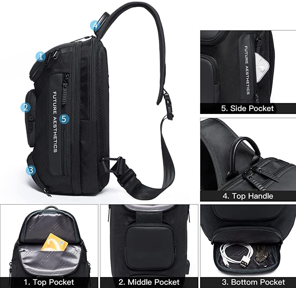 BANGE Sling Bag, Waterproof Men's Chest Bag Shoulder bags Crossbody Sling  Backpack for Men Black(with Three Pockets)