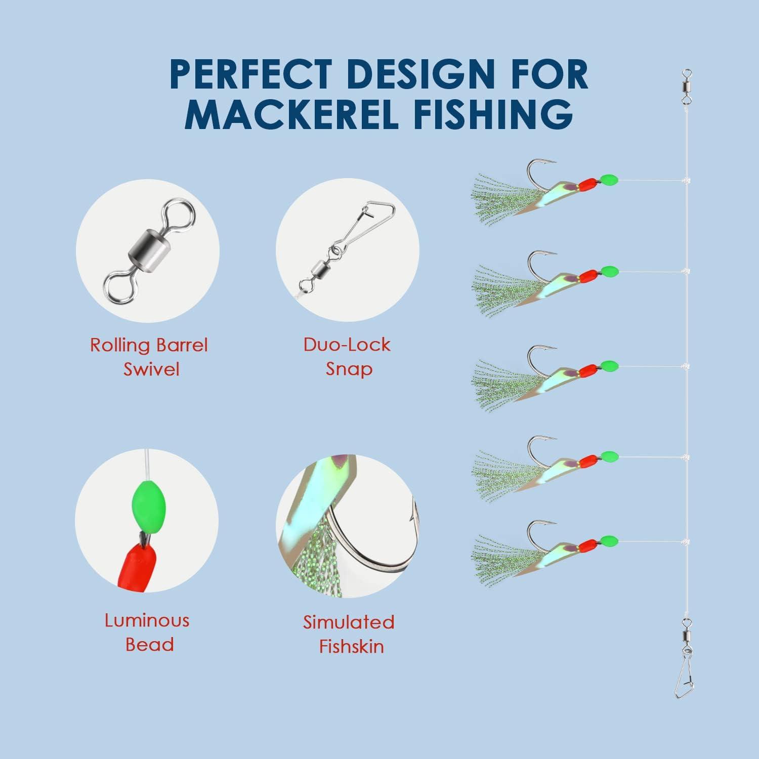 Rodeel Pre-tied Sea Fishing Rigs, 6 Pack / 36 Hooks Fishing Feathers, with  Luminous Beads Glowing Tail and Simulated Fish-skin Flasher, Attractor for  Mackerel, Herring, Bass, Cod - For Day Use 