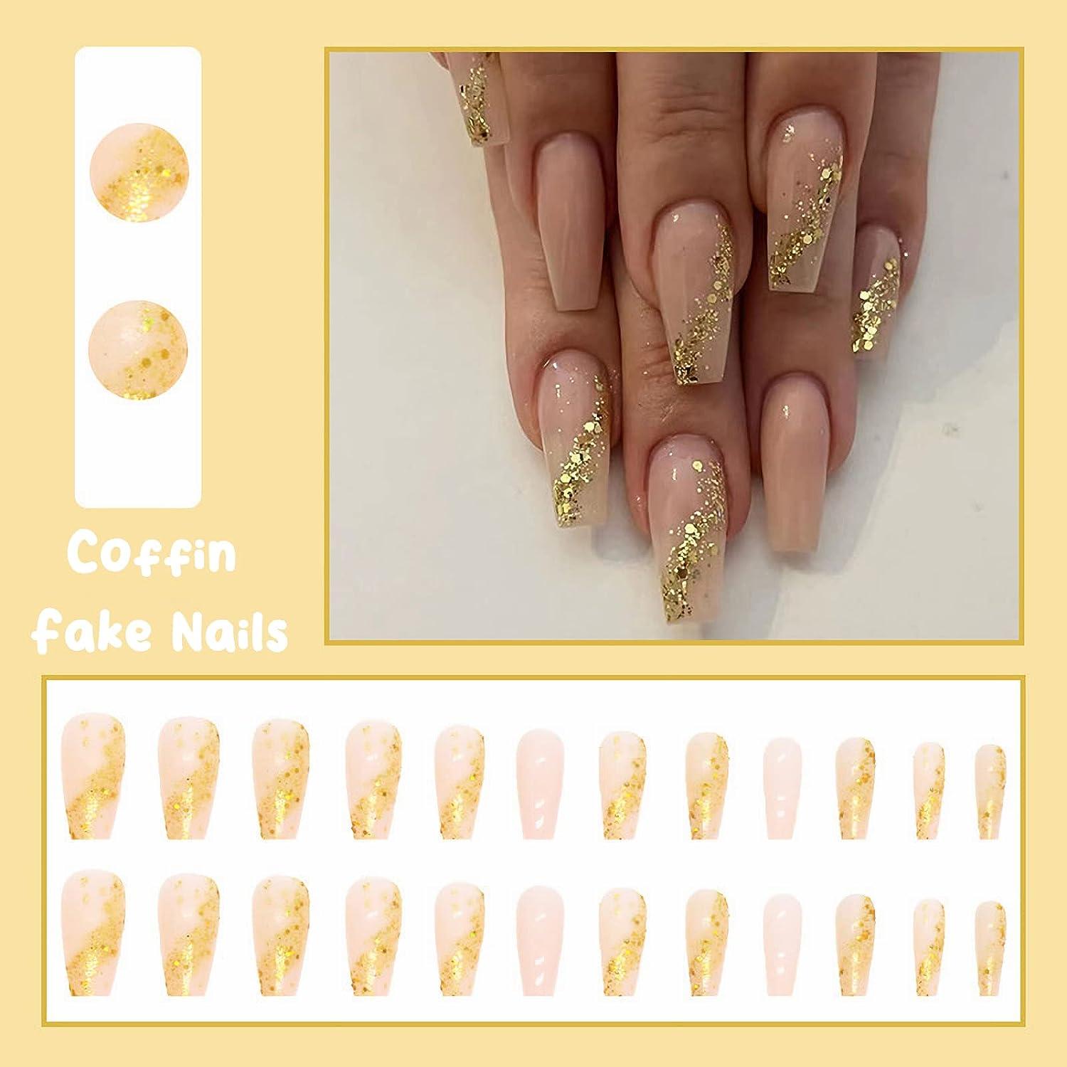 Glitter Gold Sequins False Nail Long Coffin Press on Nails for Nail Art  24pcs