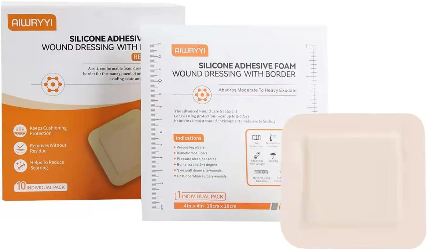 Silicone Adhesive Foam Wound Dressing with Border 4 X 4(10 Individual Pack)  Sterile 5-Layer Excellent Breathability Gel Pad for Pressure Ulcer Leg Ulcer  Diabetic Foot Ulcer by Aiwryyi