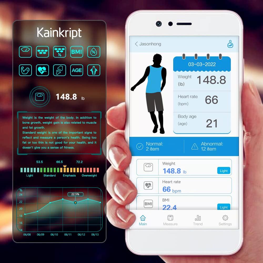 Kainkript scale for body weight: body fat scale BMI scale bathroom scale  for heart rate water muscle accurate large LCD body composition scale APP  analyzer fat measurement device 400lb bluetooth scale