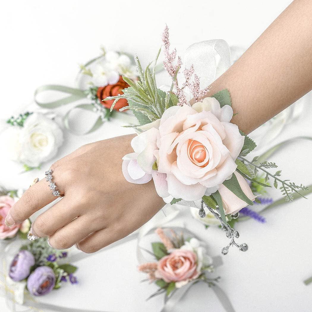 Wrist Corsages for Wedding 2pcs Rose Wrist Corsage and Boutonniere Set  Handmade Artificial Bride Bridesmaid Wrist Corsage Groom Boutonniere for  Wedding Flowers Accessories Prom Suit-White 