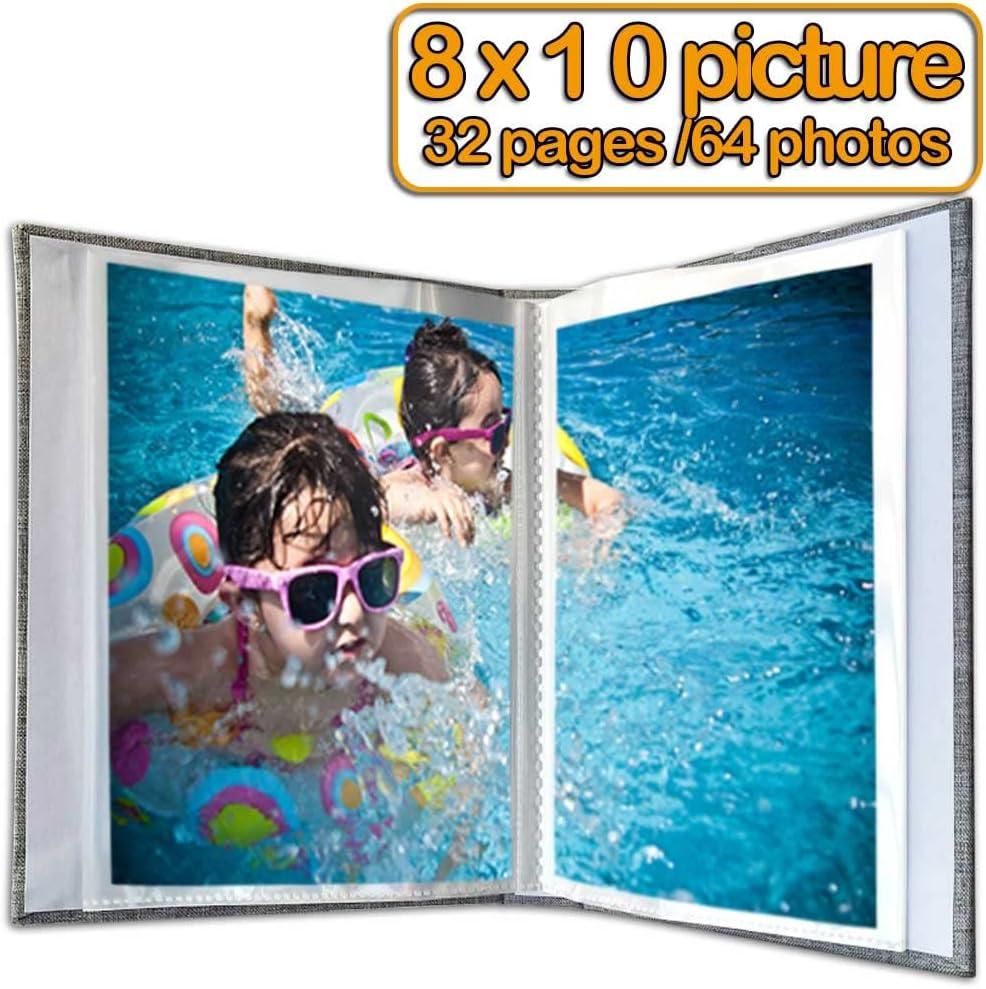 Photo Album 8x10 64 Photos for 8x10 Photo Album, Clear Pages, Linen Cover  with Front Window, Photo Album for 8x10 Photos, Grey 8x10-64 Photos Grey