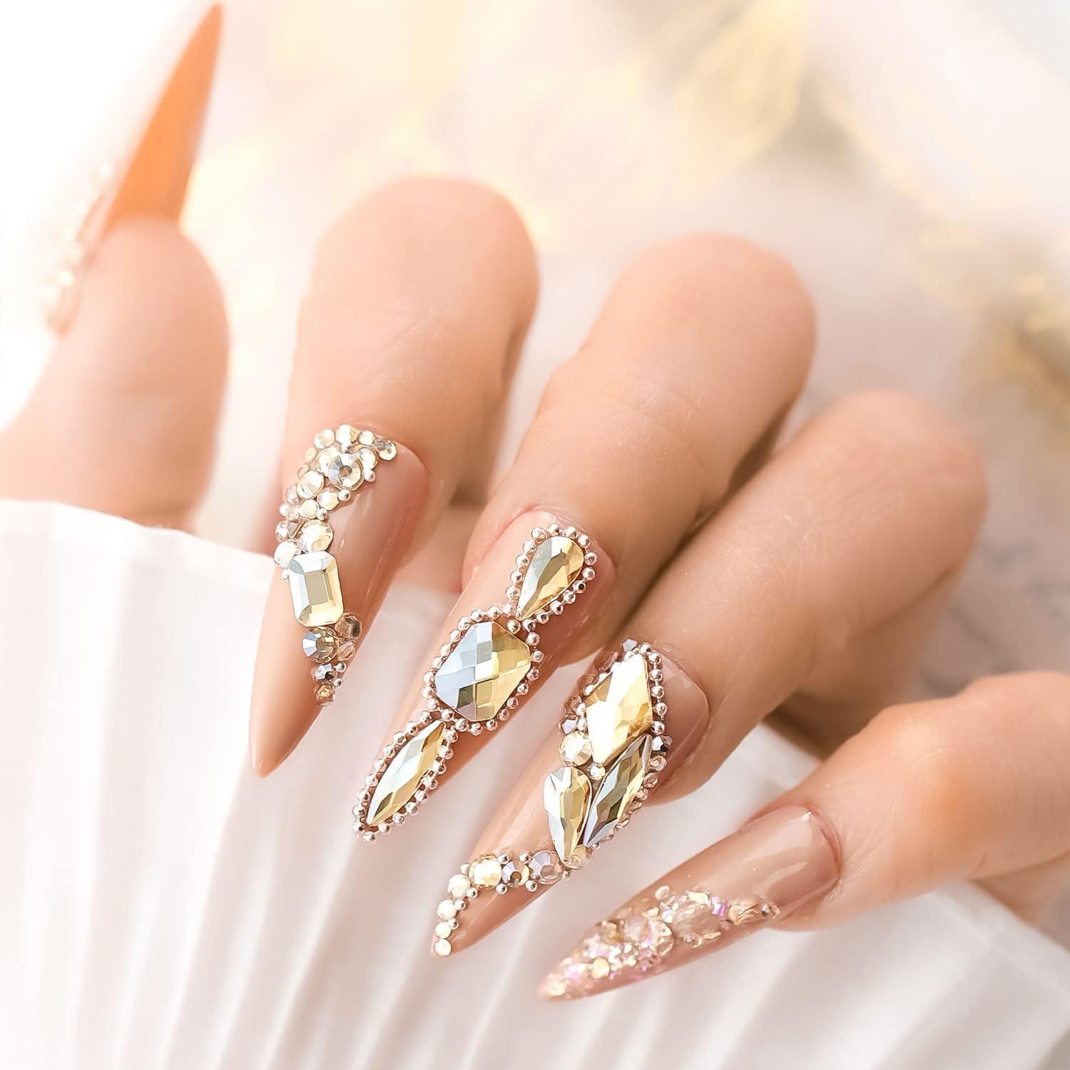 HINABTRU Gold Rhinestones for Nails Champagne Nail Gems Diamonds