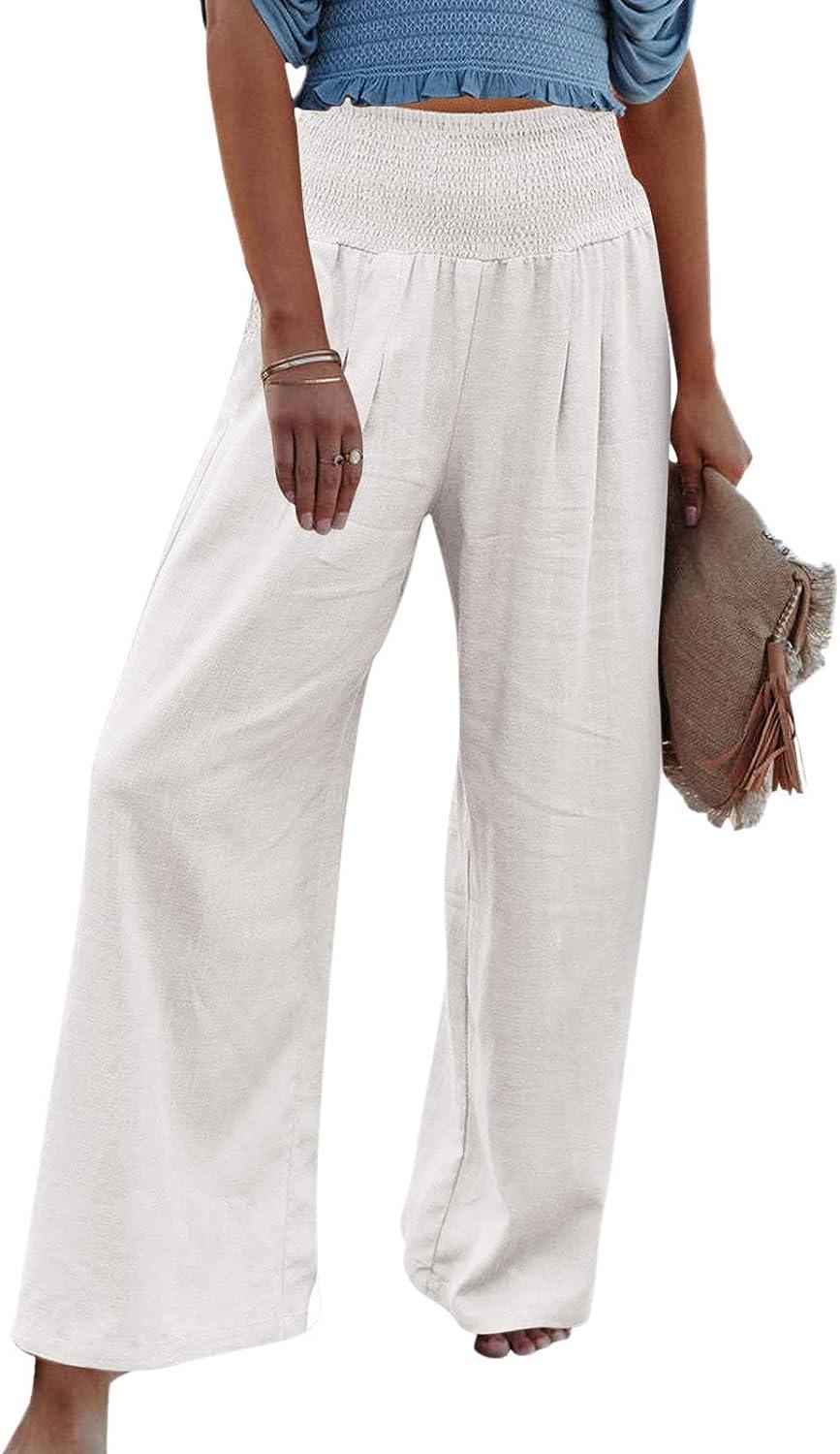Linen Wide Leg Pants for Women Drawstring High Waisted Loose Fit Dress  Pants Casual Work Pants Trouser with Pocket