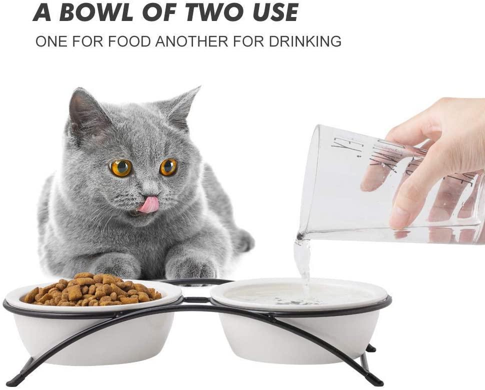 32 oz Ceramic Dog Cat Bowl with Elevated Metal Stand, 6 inch Ceramic Pet Dish for Food and Water, Pet Feeder Bowls for Cats & Dogs - Set of 2 (White