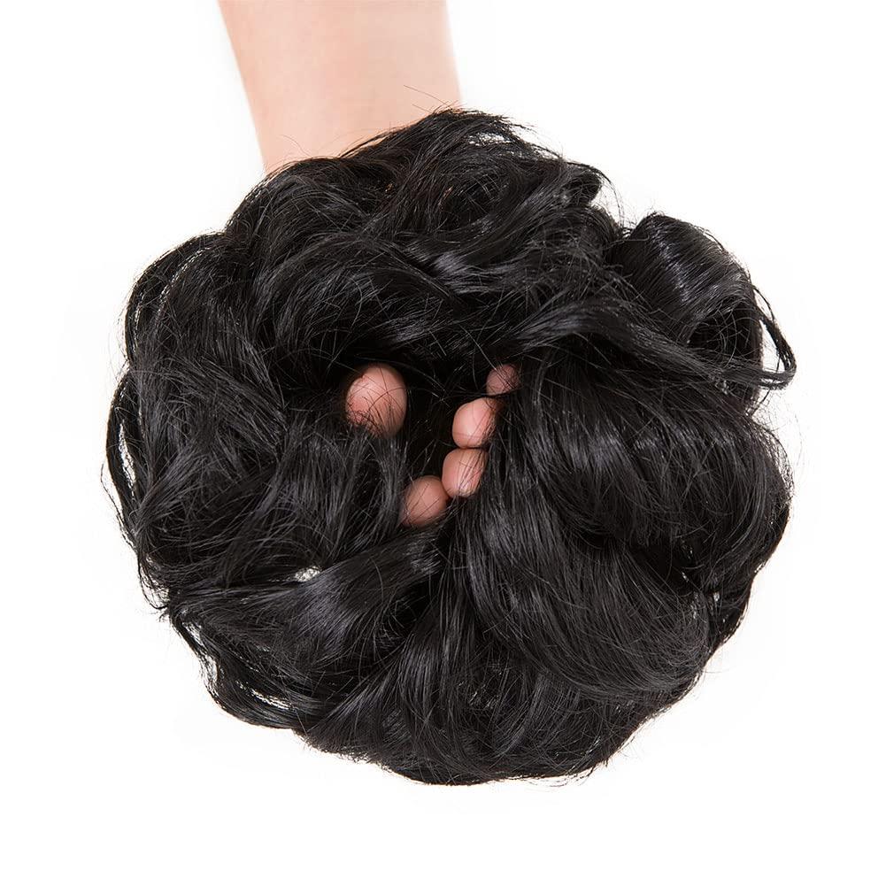 Black Messy Bun Hair Pieces for 2PCS Messy Bun Scrunchie Hair Bun Extensions Wavy Curly Messy Thick Hair Piece Scrunchies Tousled Updo Curly Bun Extension Synthetic Chignon Bun Hair Piece
