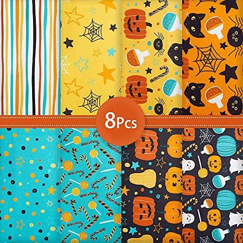 CEYOU Zyoug 8pcs 18 x 22 inches (45 x 55 cm) 100Percent Cotton Fabric,  Precut Fat Quarter Fabric Bundles with Multi-Color and Different Pattern  for Quilting Patchwork, DIY Craft (Halloween Pattern ) A04
