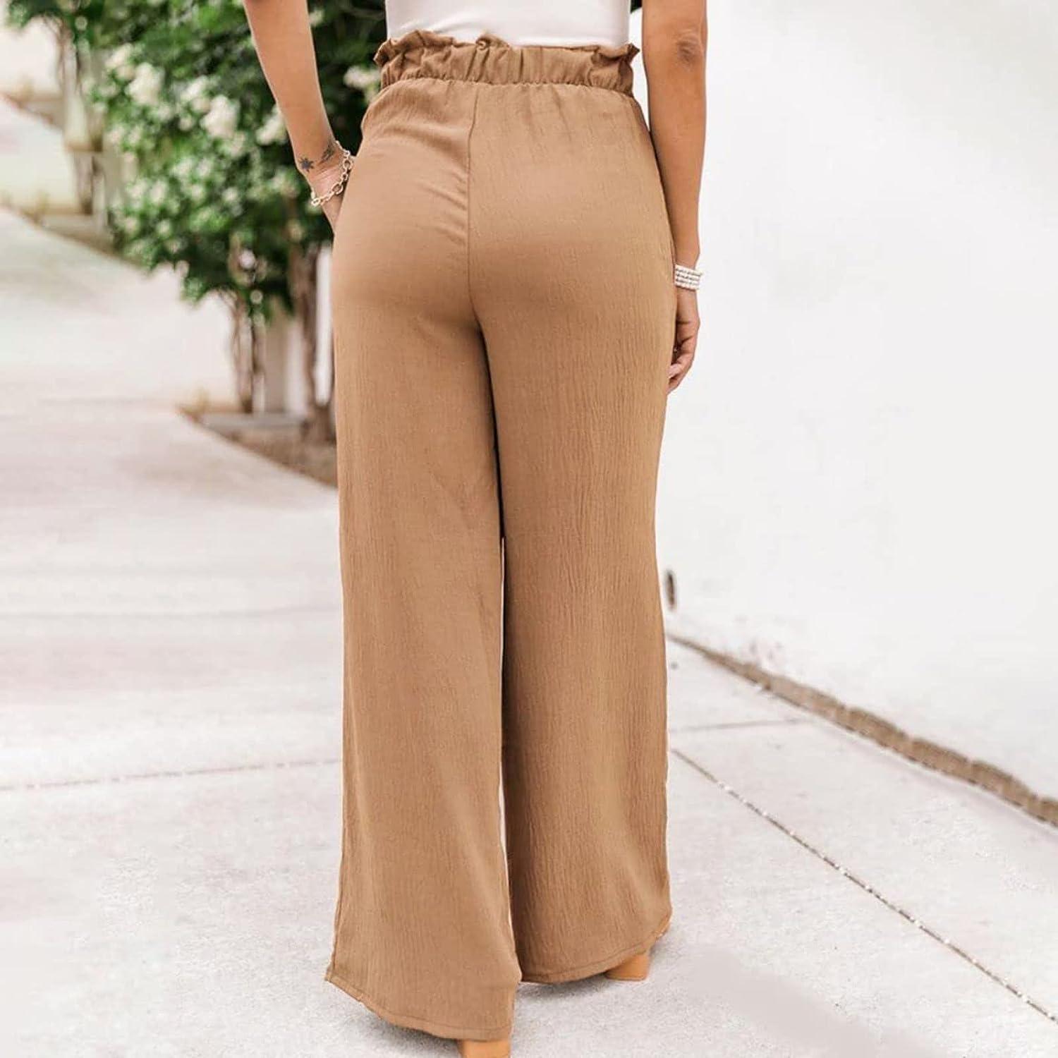 Boho Smocked Pants for Women Cotton Linen Pants Casual Printed Wide Leg  Drawstring Loose Elastic Waist Beach Trousers A-brown Small
