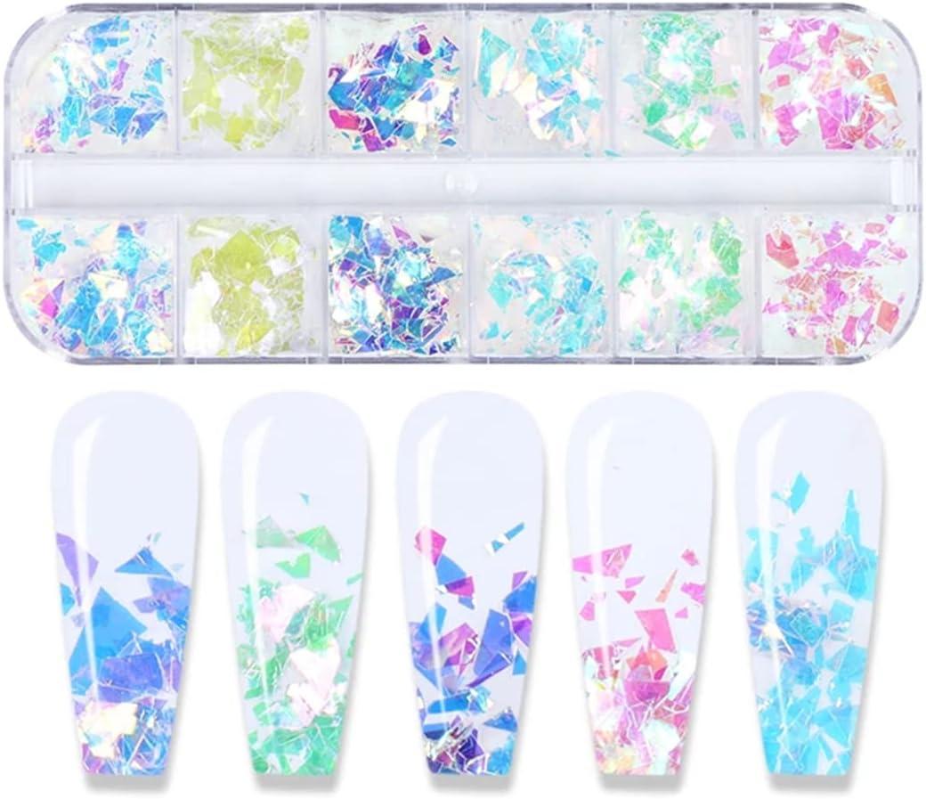 12 Grids Mermaid Nail Art Glitter Flakes,3D Aurora Heart Nail