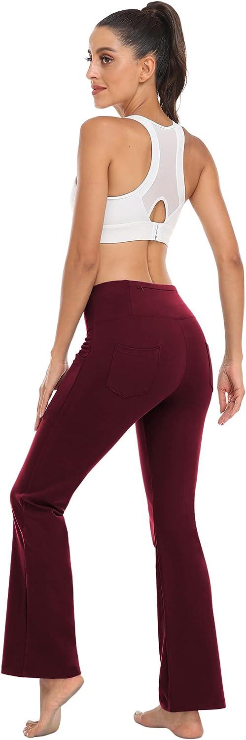 Bootcut Yoga Pants with Pockets for Women High Waist,Gym Workout Flare  Leggings Tummy Control Burgundy Small