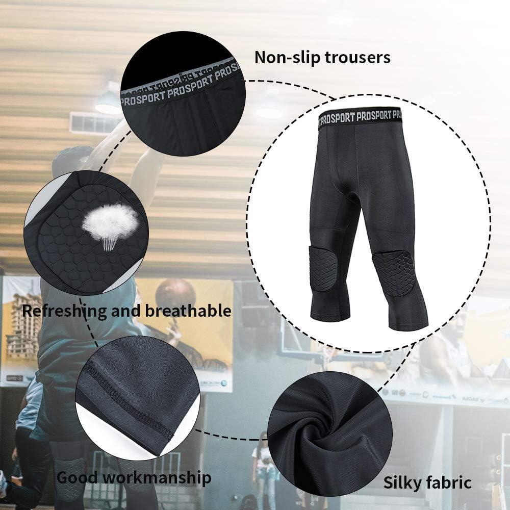 Men Athletic Basketball Knee Hex Pads Pants Capri Compression Protector  Tights