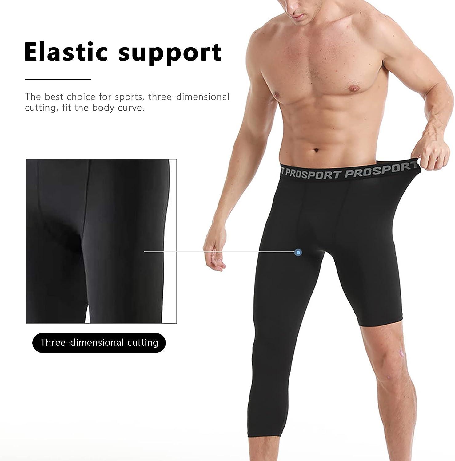Men One Leg Compression Pants 3/4 Capri Tights Athletic Basketball Leggings  Workout Base Layer Underwear 