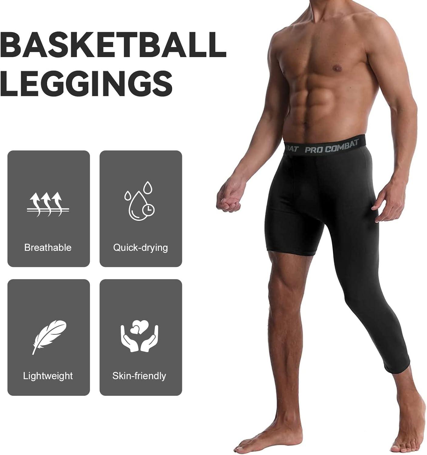 Men One Leg Compression Pants 3/4 Capri Tights Athletic Basketball