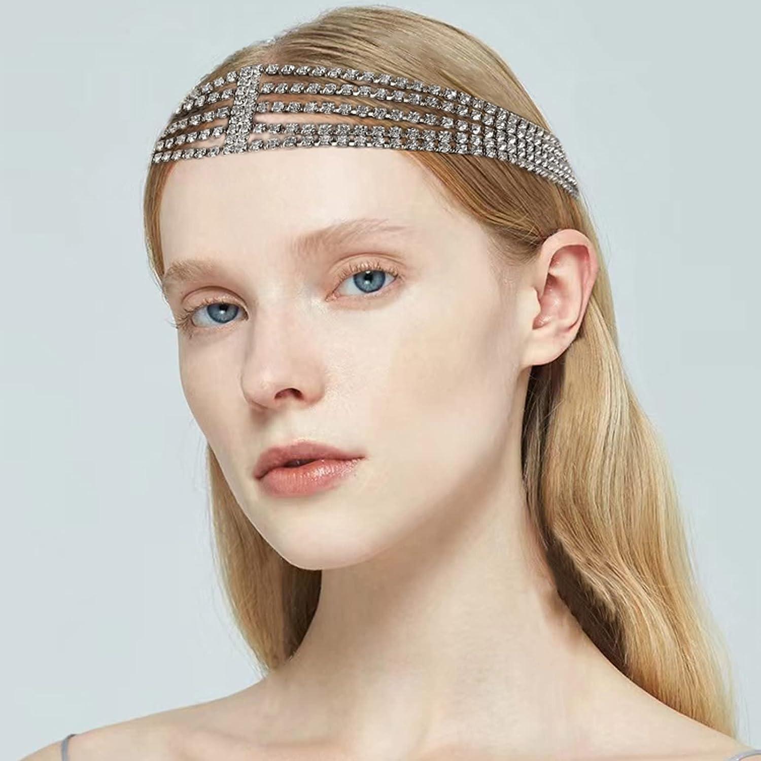 FRDTLUTHW Rhinestone Headband Multi Layered Forehead Bridal Headpieces  Elastic Crystal Head chain for Women and Girls(Silver)