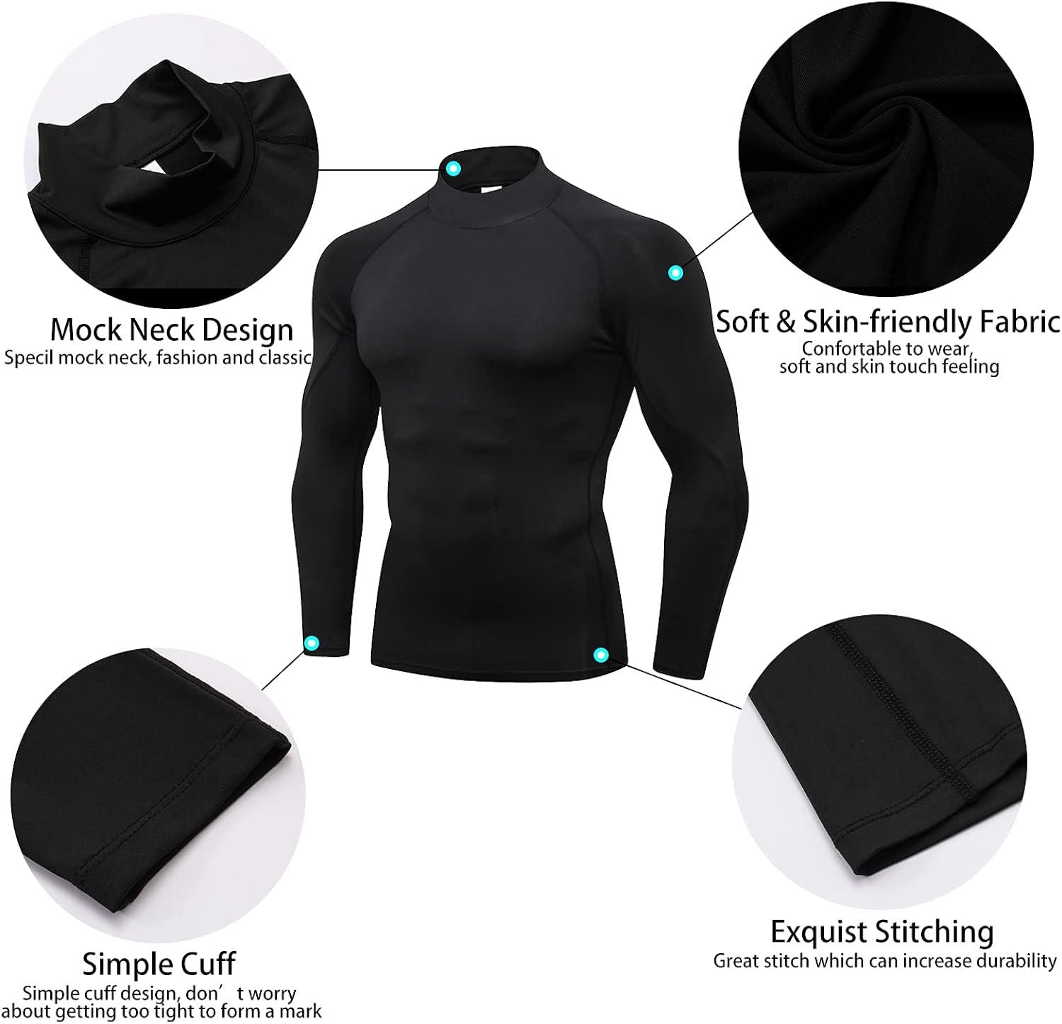 3 Pack Mens Mock Turtleneck Compression Shirts Long Sleeve Sun Protection  Shirts Cooling Workout Gym Tops Undershirt Blkgry+grey+white Large