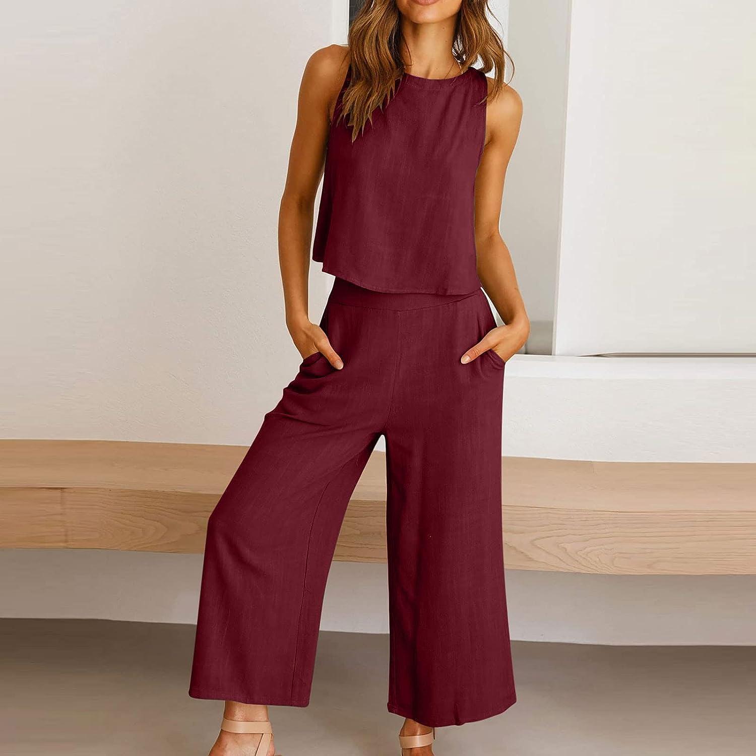 2 Piece Outfits for Women 2023 Summer Casual Linen Sets Button V Neck  Sleeveless Vest Tops and Wide Leg Pants Set : : Clothing, Shoes 