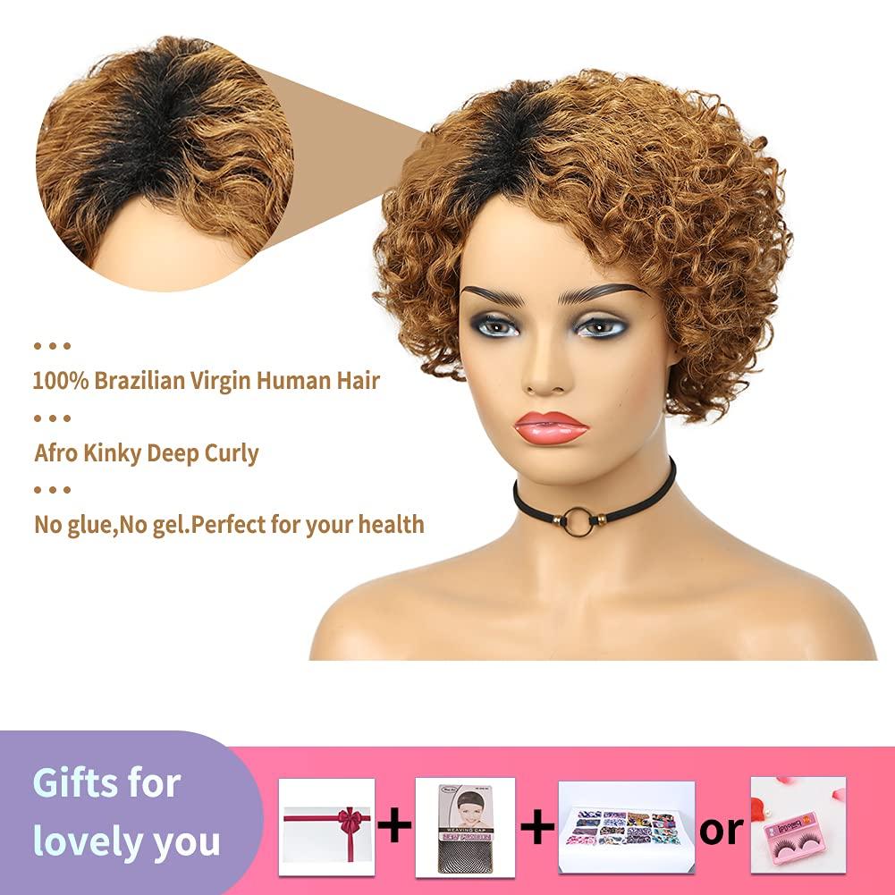 Quantum Love Human Hair Wigs Curly Wave Side Part Wig Short Bob Pixie Cut  Brazilian Remy Human Hair Deep Curly None Lace Front Wigs for Women Ombre  Black Brown Color OT30