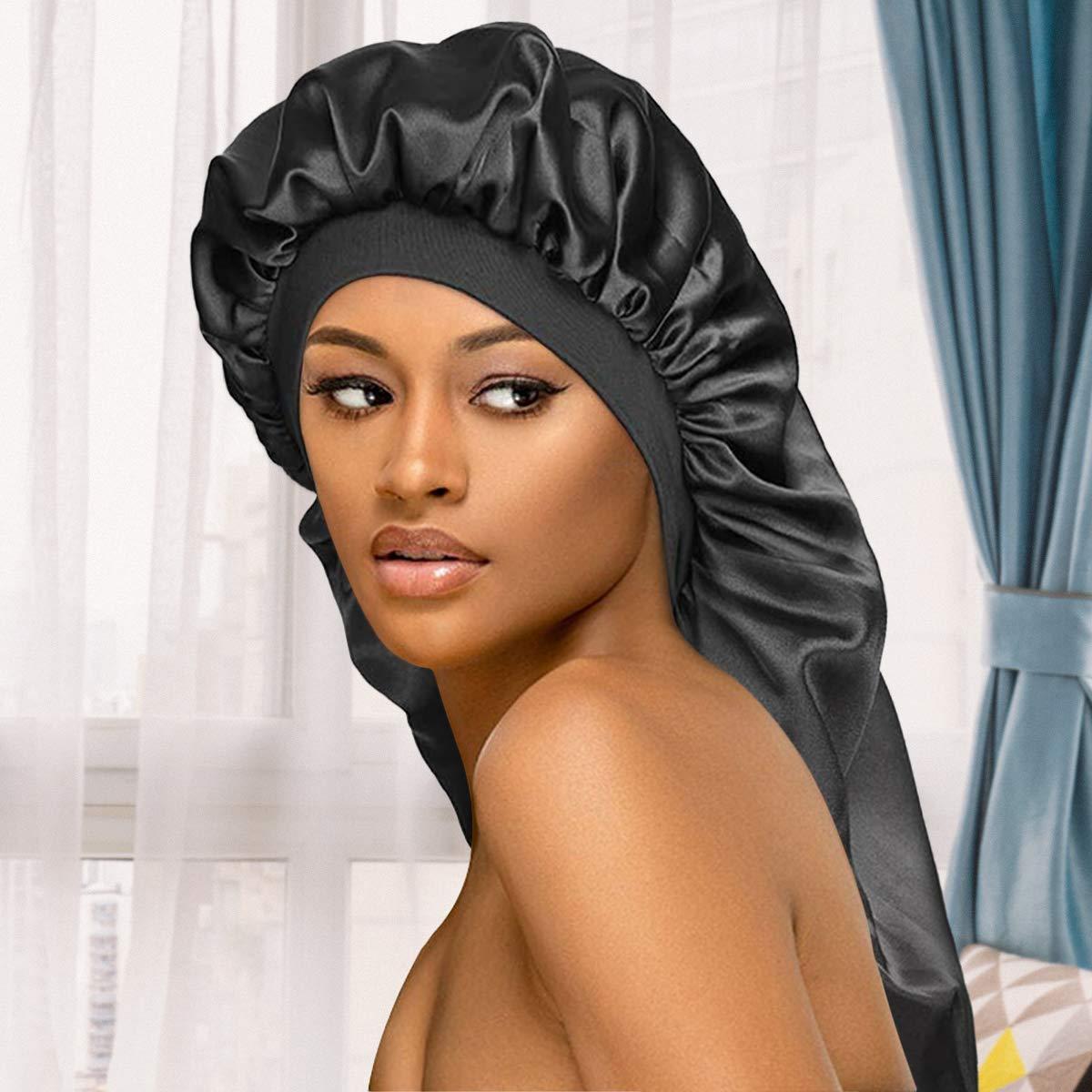 2pcs Large Satin Silk Hair Bonnet For Sleeping,elastic Wide Band Bonnets  For Black Women Braids,silk Hair Wrap Night Sleep Caps For Women Curly And  Na