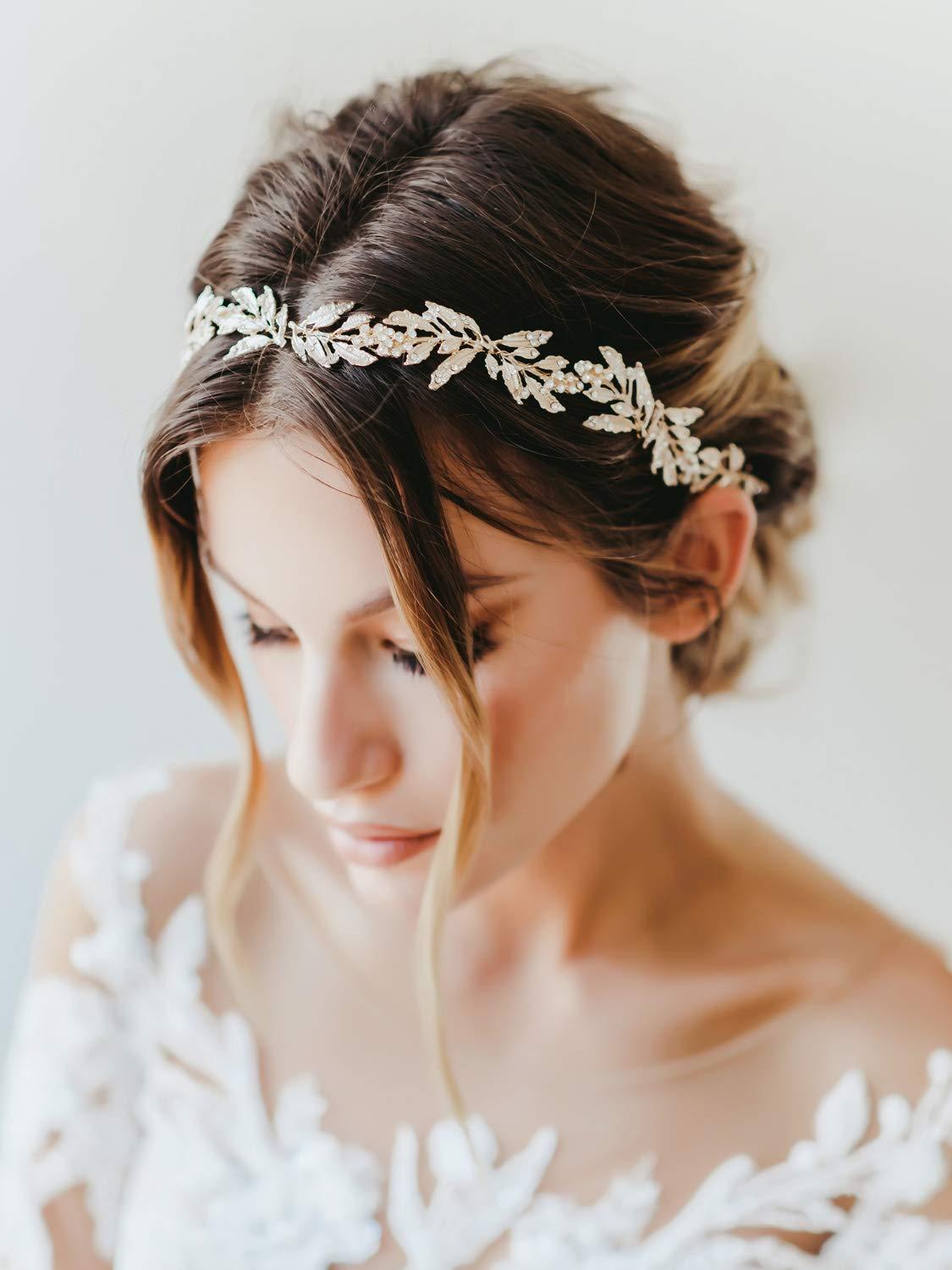 SWEETV Leaf Wedding Headpieces for Bride Flower Girl Gold Bridal Headband  with Rhinestones Women Handmade Hair Accessories