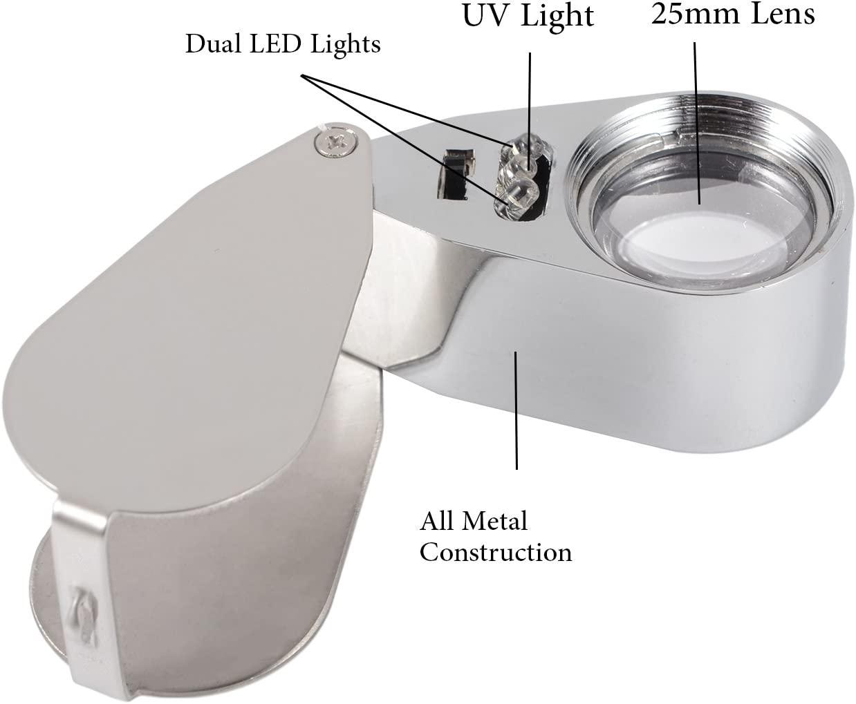 40X Full Metal Illuminated Jewelry Loop Magnifier,Delixike Pocket Folding  Magnifying Glass Jewelers Eye Loupe with LED Light(LED Currency