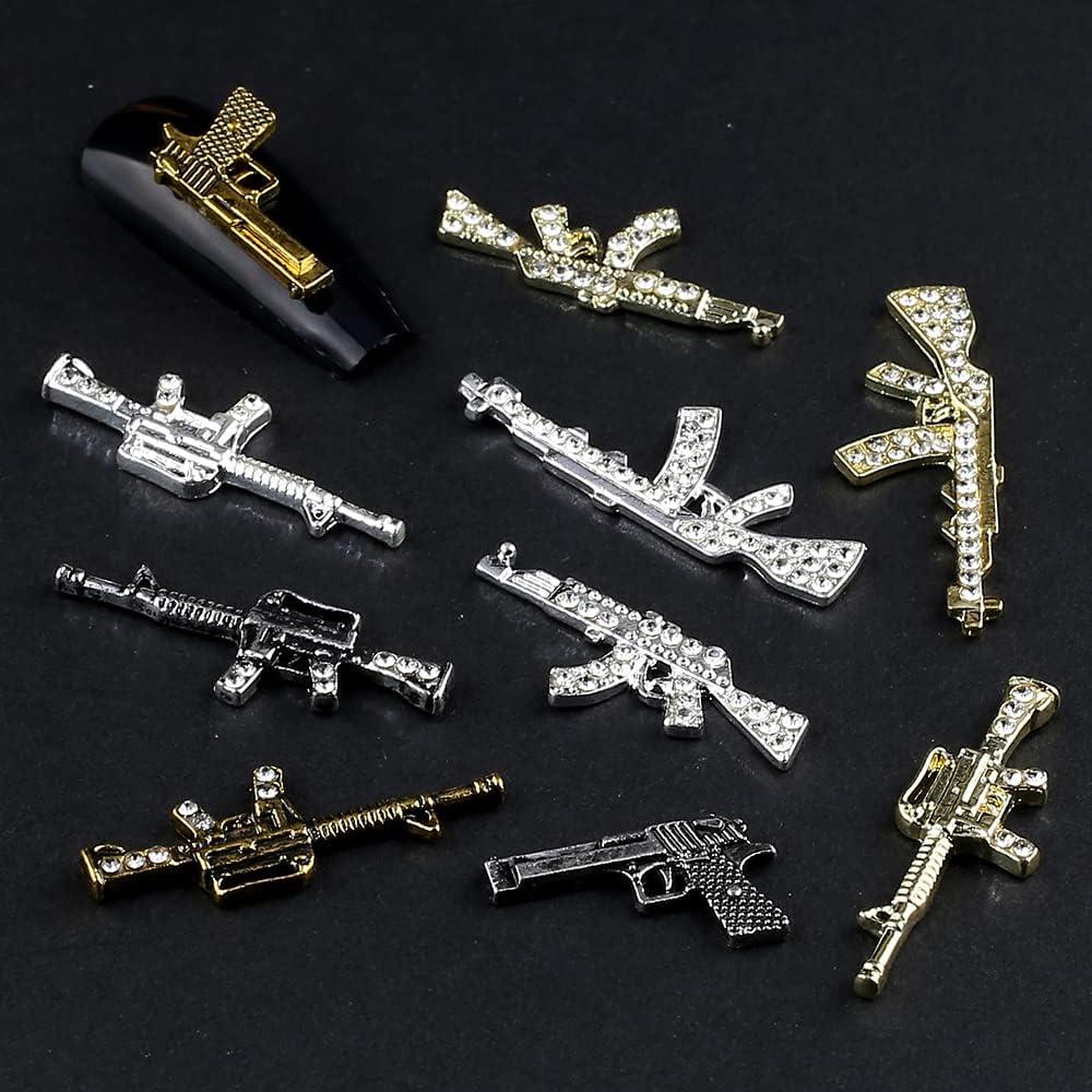 Jaliya Shiny Diamonds Alloy Gun Nail Charms,3D Metal Gun Nail Art Charms AK Weapon Nail Charm Gun Charms for Nails Gold Rifle Guns Nail Jewels for Nail Art