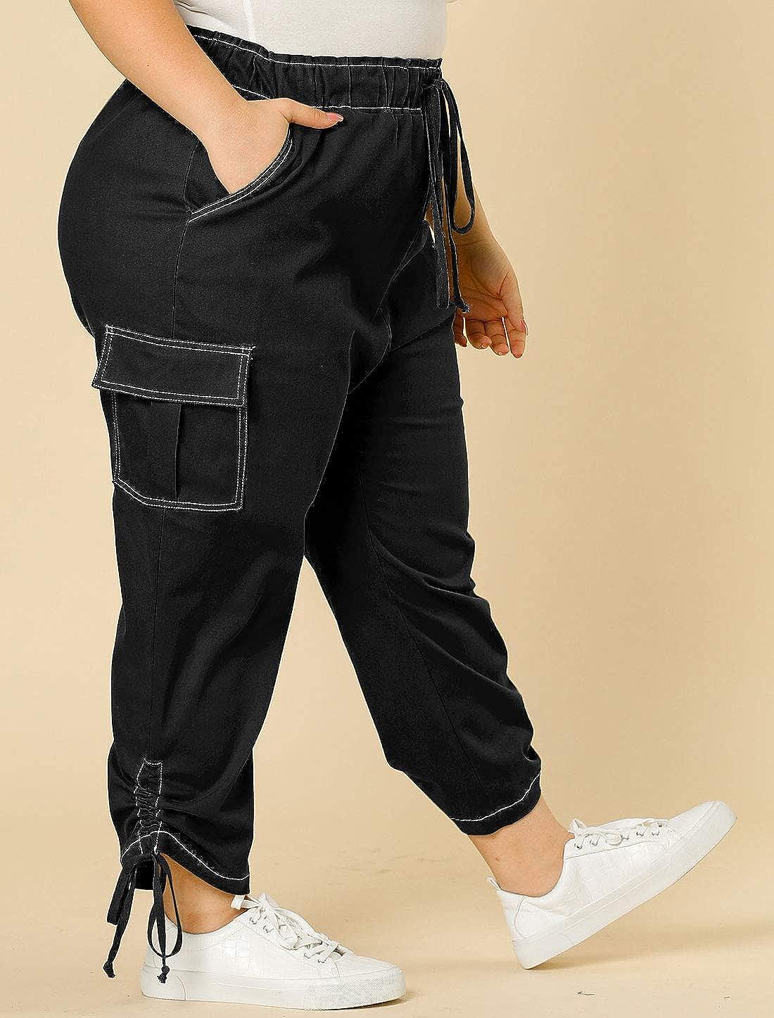 AMZ PLUS Women's Plus Size Cargo Pants Baggy High Elastic Waist
