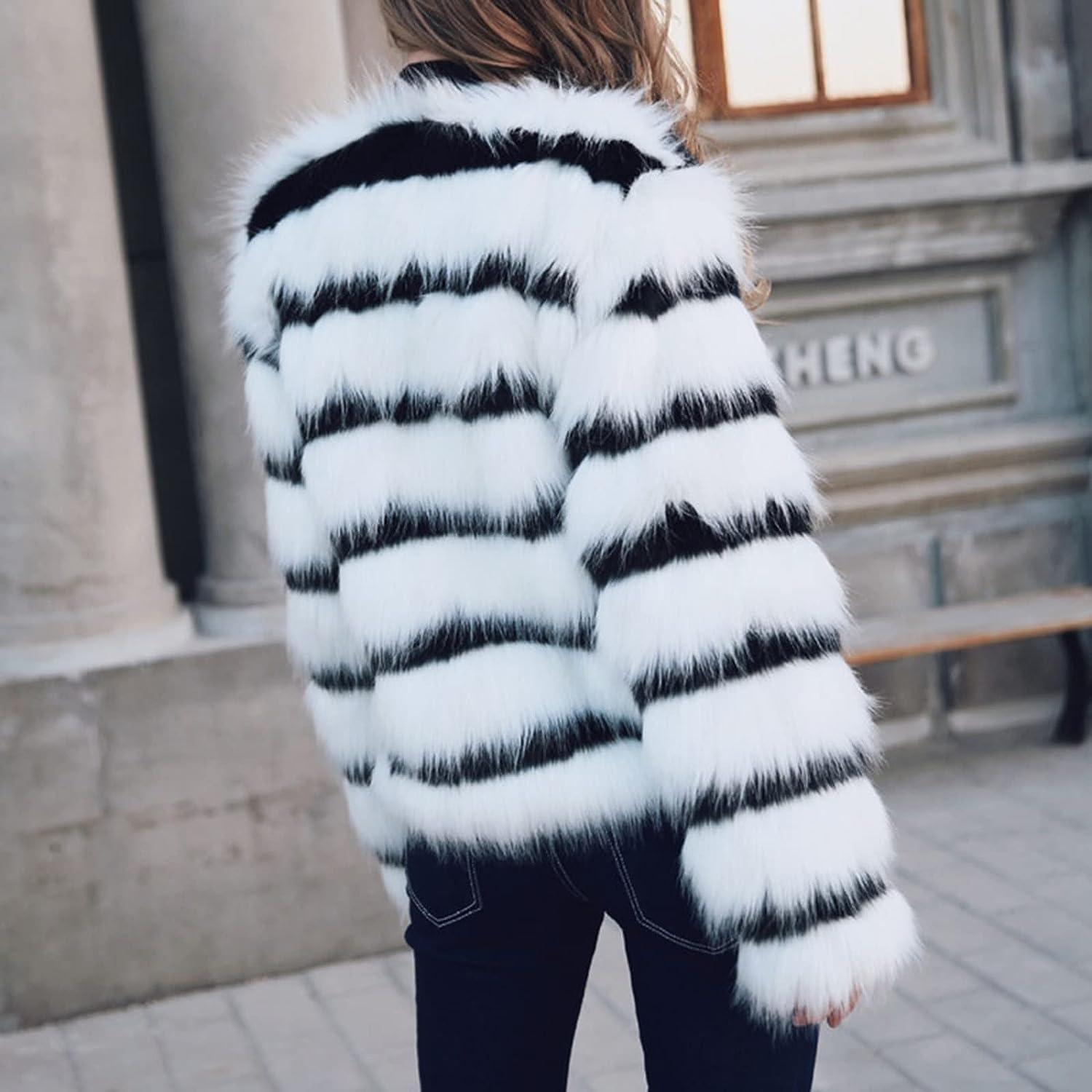 Women Elegant Cropped Faux Fur Coat Party Dresses Coat Black White Stripe  Colorblock Winter Coat White X-Large