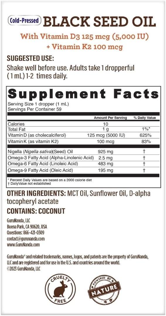 Gurunanda Cold Pressed Black Seed Oil  Vitamin D3, K2, E & MCT Oil –  GuruNanda