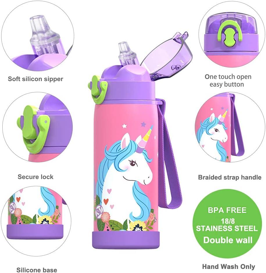 XccMe Kids Water Bottle Stainless Steel Kid Water Bottle 16oz Kids  Insulated Water Bottle Kids Metal water bottle Kids Water Bottle for School  with Straw Lid Silicone Boot for boy girl(Unicorn)