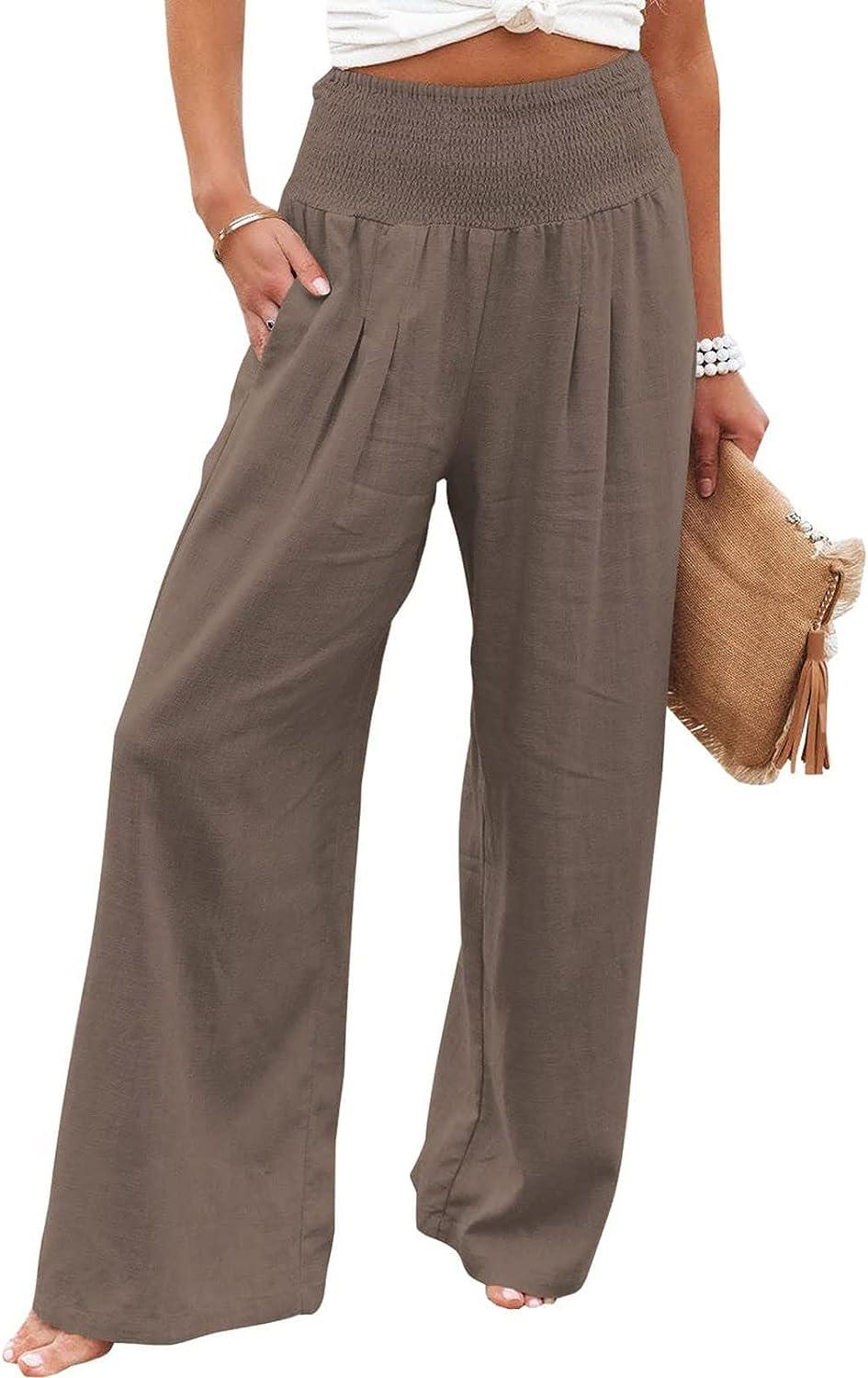 Women's Straight Leg Relaxed Cargo Pants Pockets Casual High Waist Elastic  Buttop Cotton Linen Trousers for