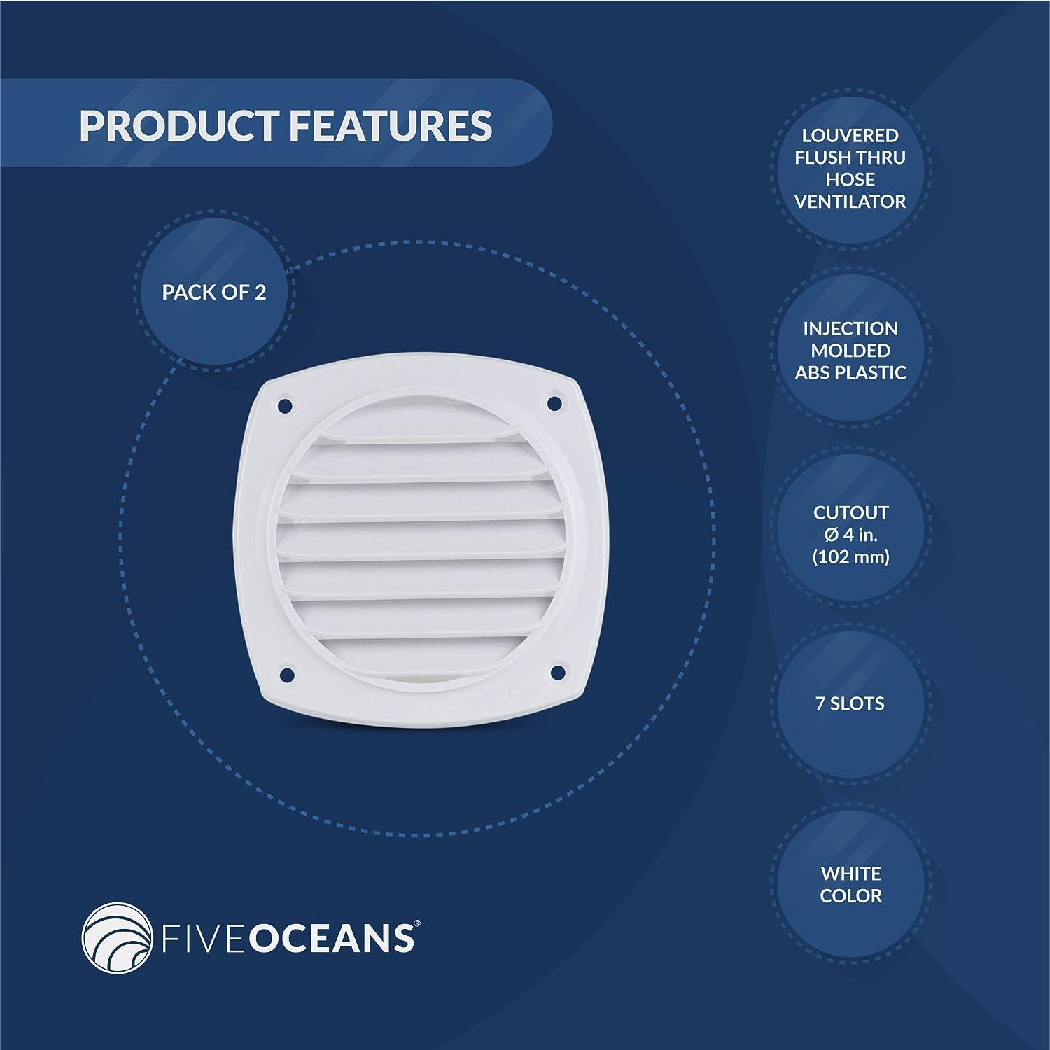 Five Oceans FO111-M2 Louvered Flush Hose Thru Vent, Cutout of 4 in (102mm)  of Diameter, White, Injection-Molded ABS Plastic, 6 Slots, Easy