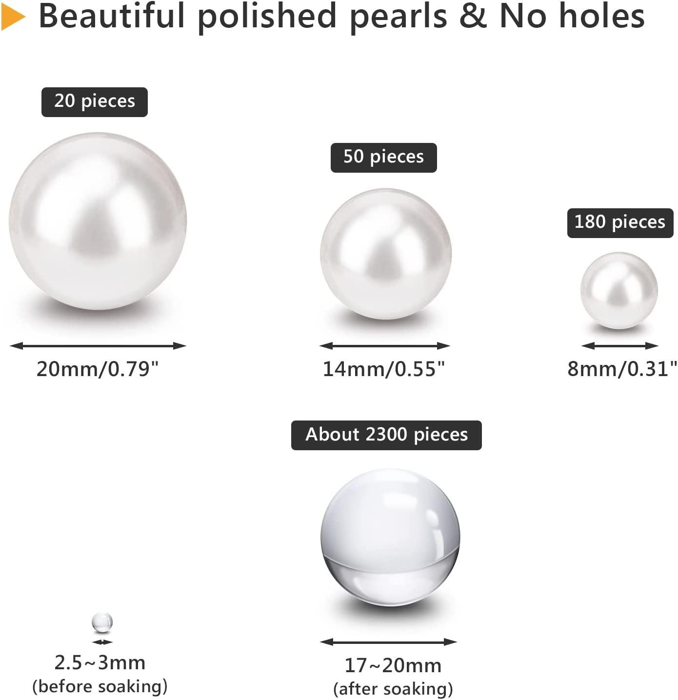SUREAM No Hole Floating Pearls for Vase, 250PCS Artificial Beads and  2300PCS Clear Gel Beads for Candle Centerpieces, Wedding, Birthday, Brushes  Holder, Multipurpose Use Pearls (8/14/20mm, White)