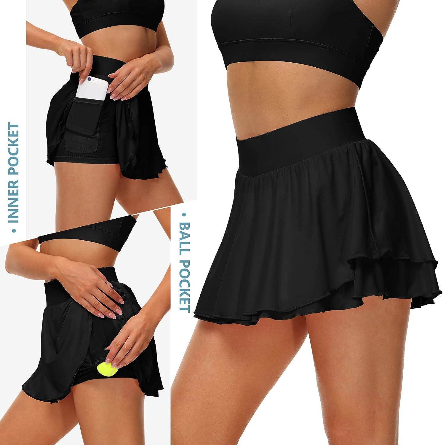 UrKeuf Women's Athletic Tennis Skirts with Pockets 13in Ruffle Golf Running  Workout Ice Silk Flowy Skorts with Sports Shorts Black Medium