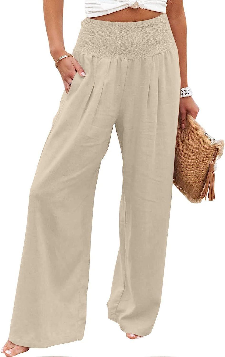 Cotton Capri Pants Women Summer Smocked Elastic High Waisted Linen