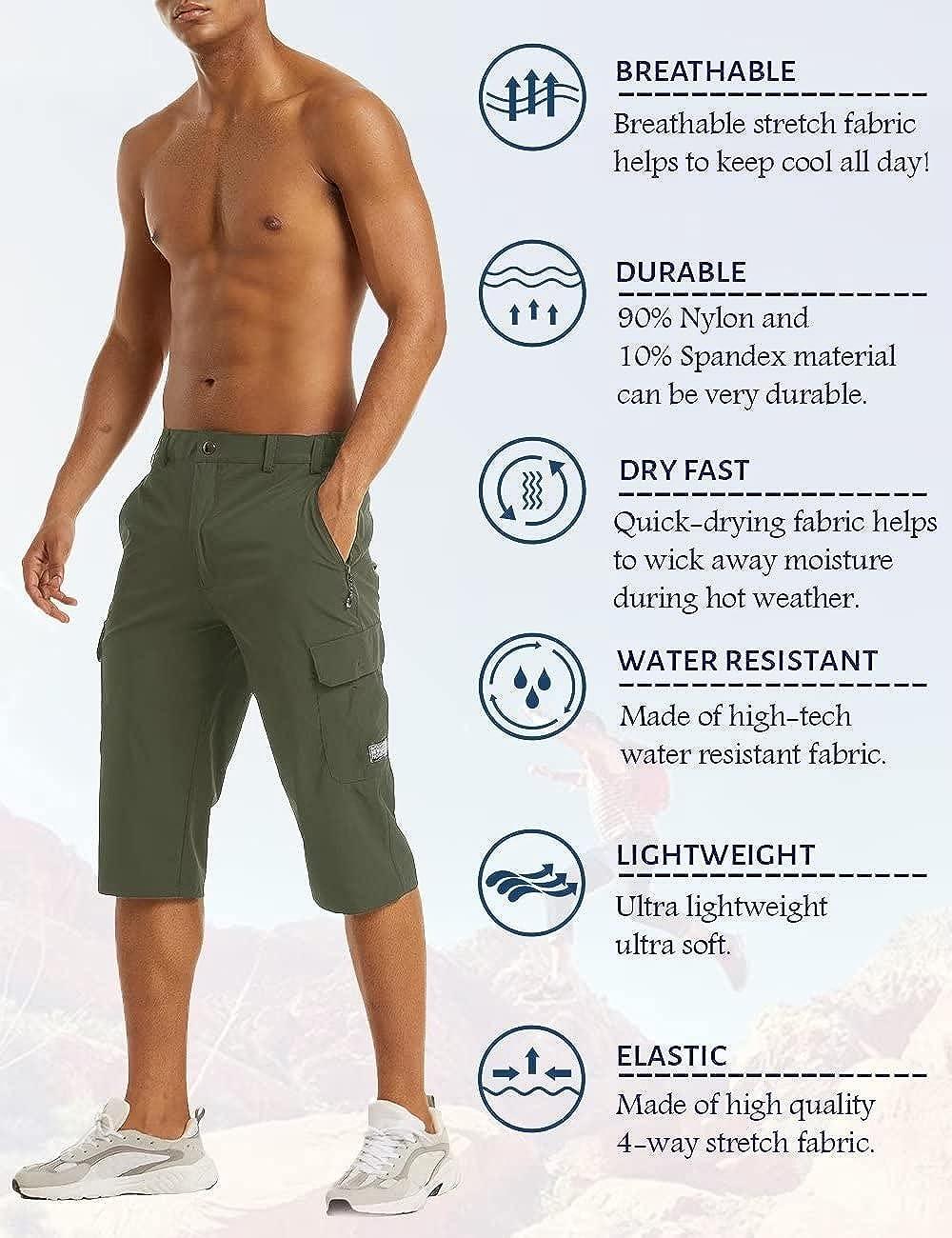 MAGCOMSEN Men's Workout Gym Shorts Quick Dry 3/4 Capri Pants Zipper Pockets  Hiking Athletic Running Shorts Green 36