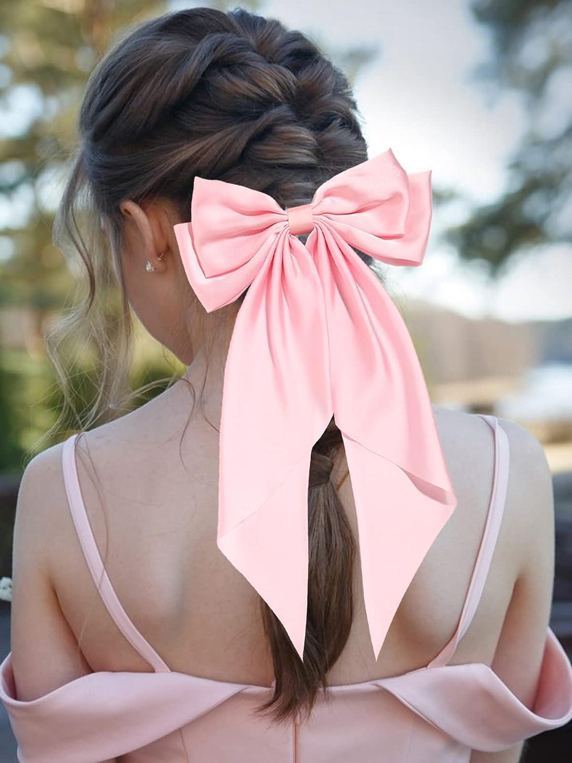 Pale Pink Hair Bow Long Ribbon Tails French Barrette Blush Pink