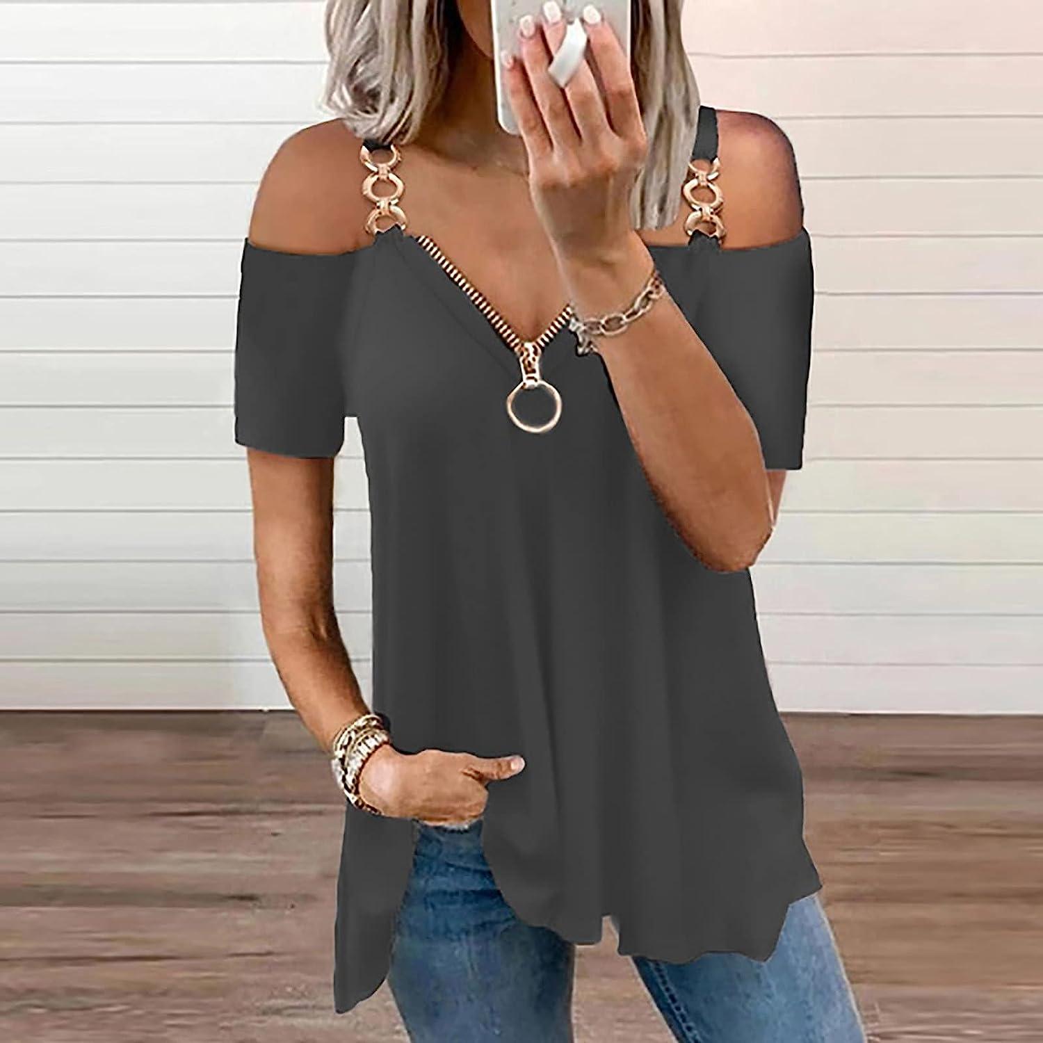 Women's Plus Size Tops Dressy Casual Tunics Blouses Lace Summer Cold  Shoulder Shirts Short Sleeve