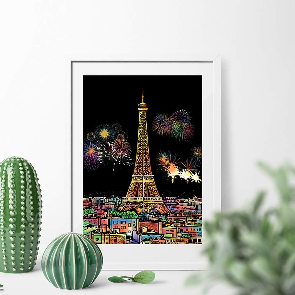 Scratch Art Rainbow Painting Paper(A4), DIY City Crafts Womens Hobbies,  Engraving Art for Kids & Adults Scratch Painting Easter & Christmas  Birthday Creative Gift Set: 8 Sheets (Fireworks & Girls)