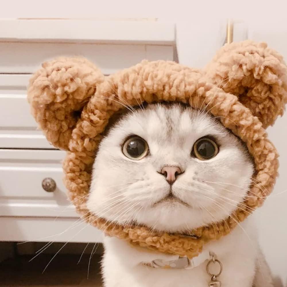 JOICEE Cute Cat Costume Warm Bear Hat for Cat Adjustable Soft Small Pet  Headwear Bear Hat for Cat Puppy Dog (Brown)