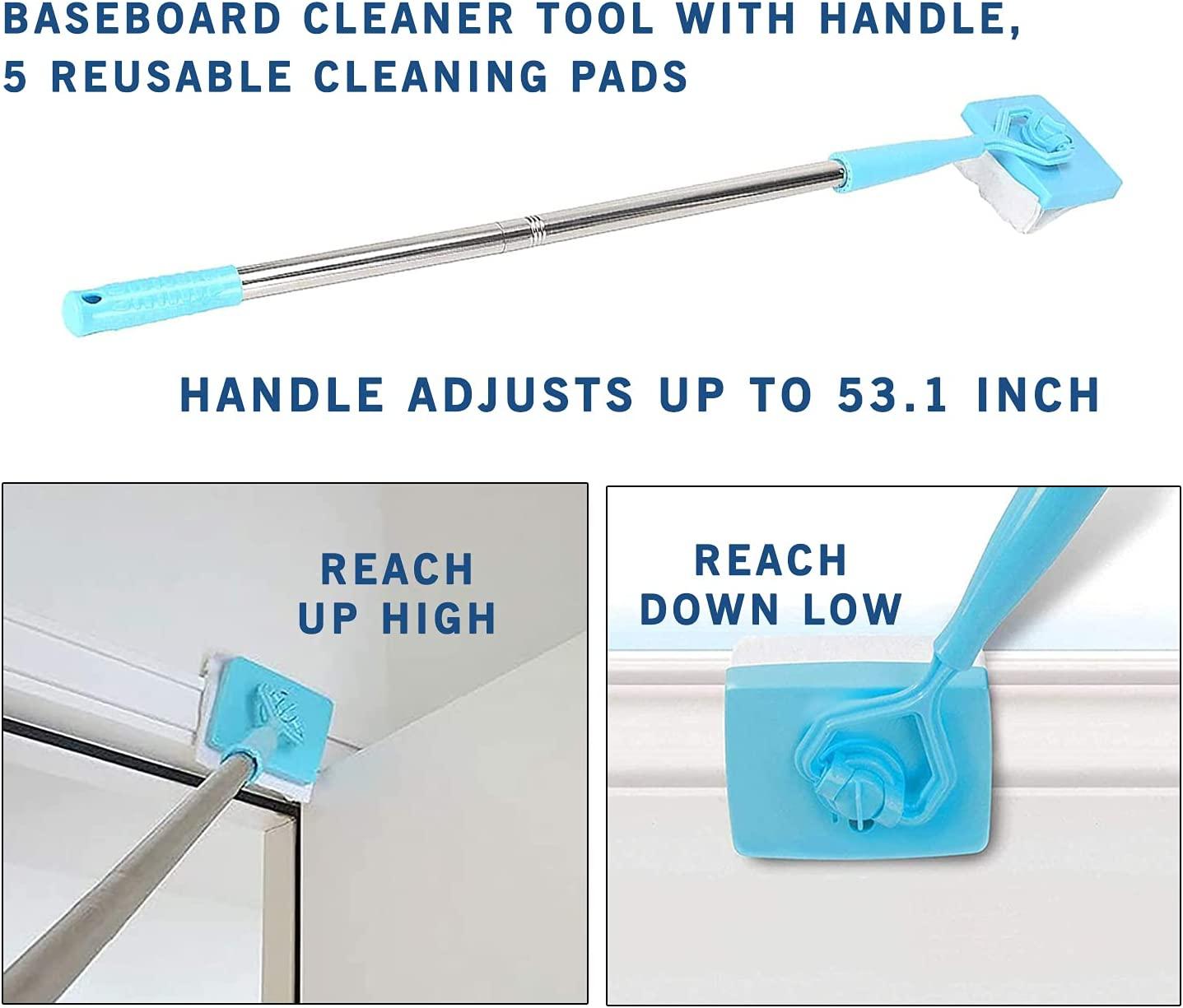 Baseboard Cleaner Tool with Handle, 5 Reusable Cleaning Pads, No-Bending  Mop Baseboard Cleaner Tool Long Handle Adjustable Baseboard Molding Tool  for