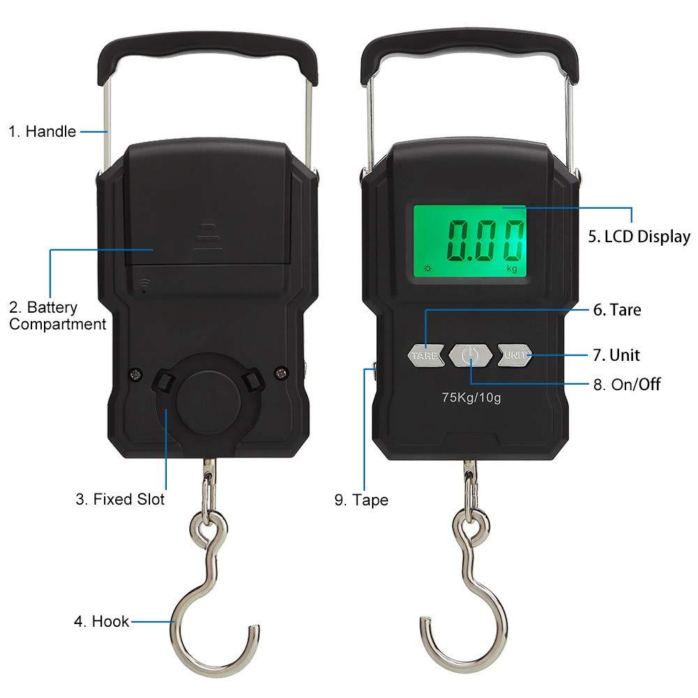 Cooltto Fishing Scale, 165lb/75kg Portable Digital Weight Capacity Luggage  Weight and Electronic Hanging Scale with Built-in Measuring Tape & Backlit  & Hook LCD Display (2 AAA Batteries Included)