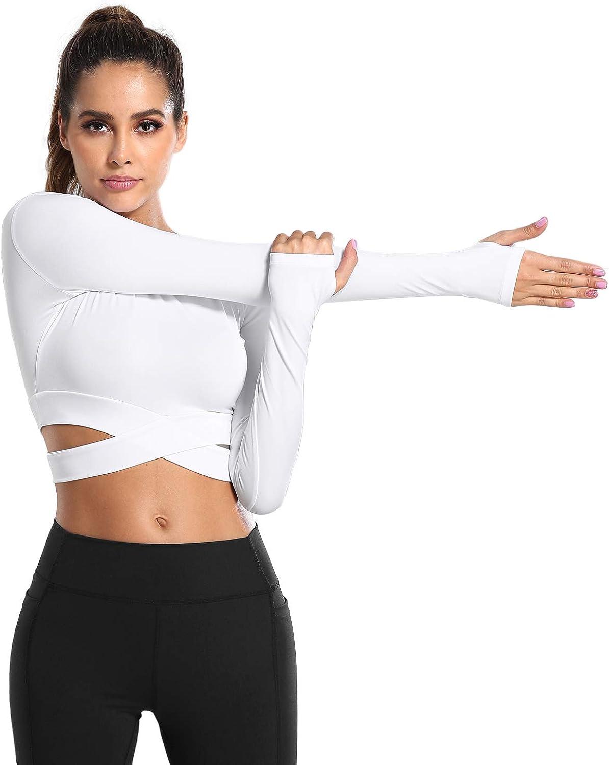 DREAM SLIM Short Sleeve Crop Tops for Women Tummy Cross Fitted Yoga Running  Shirts Gym Workout Cropped Tank Tops White Long Small