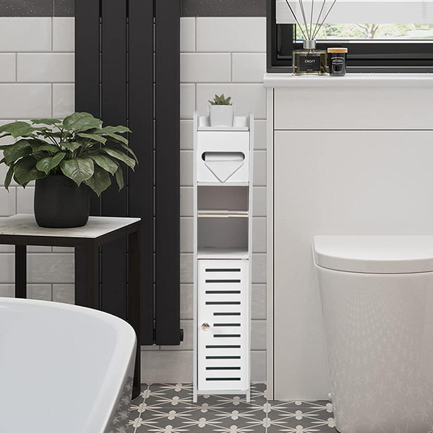 TUOXINEM Storage Cabinet for Small Spaces, Over The Toilet Cabinet for  Skinny Bathroom Storage Corner Floor, Slim Paper Cabinet with 2 Doors &  Shelves
